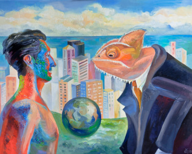 Painting titled "La confrontacion" by Galia Caren, Original Artwork, Oil