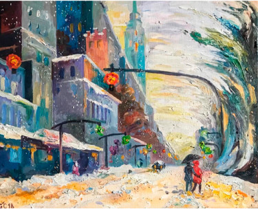 Painting titled "The snow on the city" by Galia Caren, Original Artwork, Oil