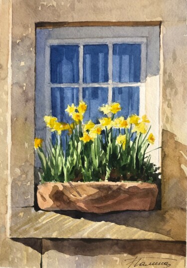 Painting titled "Window with daffodi…" by Galina Grigorovich, Original Artwork, Watercolor