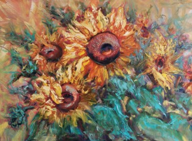 Painting titled "Sunflowers" by Galina Grygoruk, Original Artwork, Oil Mounted on Wood Panel