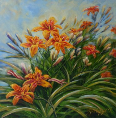 Painting titled "Wild Lilies" by Galina Grygoruk, Original Artwork, Oil Mounted on Wood Panel
