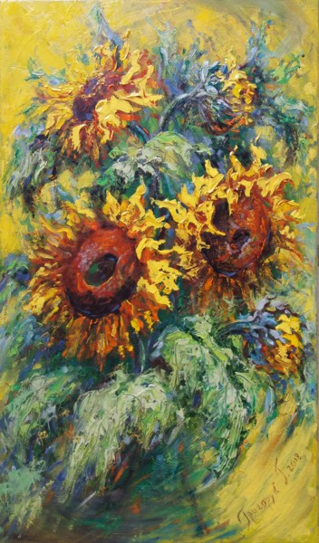 Painting titled "Sunny Rhythms" by Galina Grygoruk, Original Artwork, Oil Mounted on Wood Panel