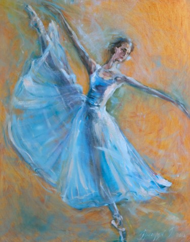 Painting titled "Ballerina in Blue" by Galina Grygoruk, Original Artwork, Oil Mounted on Wood Panel