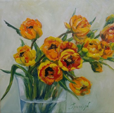 Painting titled "Yellow tulips" by Galina Grygoruk, Original Artwork, Oil Mounted on Wood Panel