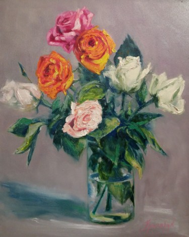 Painting titled "Bouquet of roses" by Galina Grygoruk, Original Artwork, Oil Mounted on Wood Panel