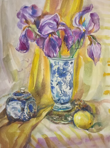 Ζωγραφική με τίτλο "Still life.Irises i…" από Galina Hannemann, Αυθεντικά έργα τέχνης, Ακουαρέλα