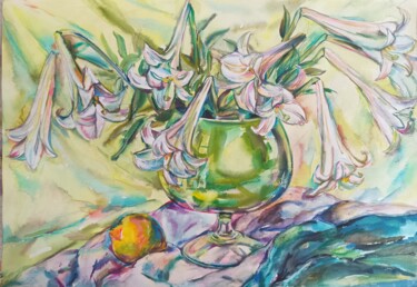 Painting titled "Still life.White li…" by Galina Hannemann, Original Artwork, Watercolor