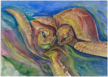 Malarstwo zatytułowany „turtles and love in…” autorstwa Galina Kandabaeva, Oryginalna praca, Akwarela