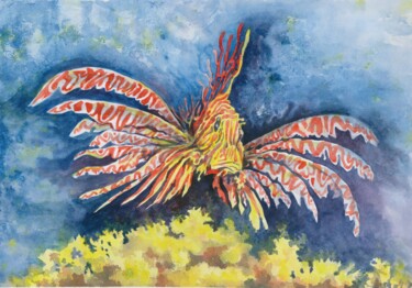 Malerei mit dem Titel "Lion-fish in the co…" von Galina Kandabaeva, Original-Kunstwerk, Aquarell