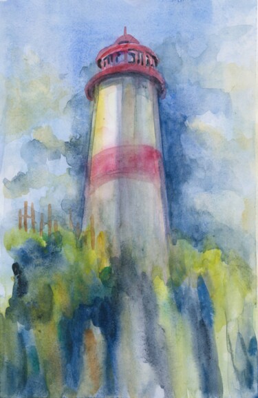 Painting titled "Lighthouse in a clo…" by Galina Kandabaeva, Original Artwork, Watercolor