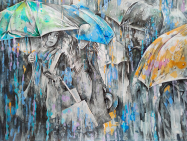 Pintura intitulada "Rainy love mood" por Galina Kondrashova, Obras de arte originais, Carvão