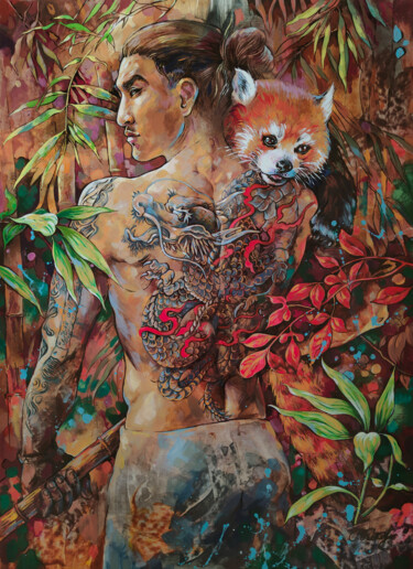 Malerei mit dem Titel "Red Panda Gardian" von Galina Kondrashova, Original-Kunstwerk, Acryl