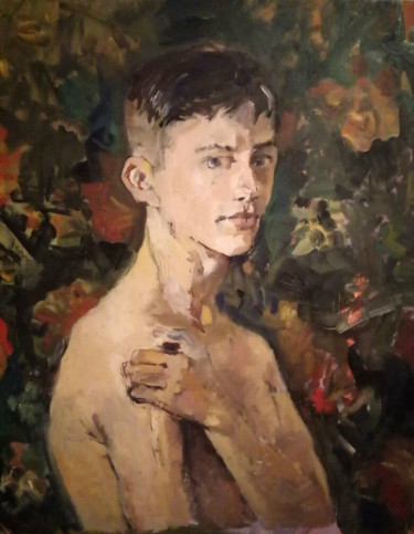 Painting titled "Юноша на фоне бабуш…" by Tania Shvaiuk, Original Artwork, Oil