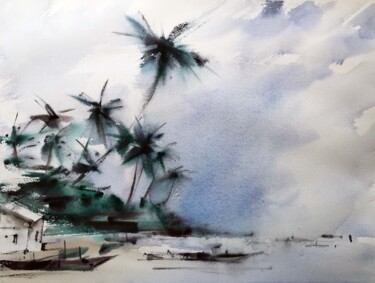 Malarstwo zatytułowany „Palm trees on the b…” autorstwa Galina Poloz, Oryginalna praca, Akwarela