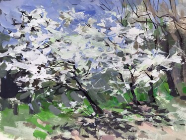 Schilderij getiteld "Spring cherry trees" door Galina Poloz, Origineel Kunstwerk, Tempera