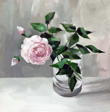 Peinture intitulée "Lonely pink rose" par Galina Poloz, Œuvre d'art originale, Tempera