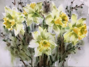 Pintura intitulada "Spring yellow flowe…" por Galina Poloz, Obras de arte originais, Aquarela