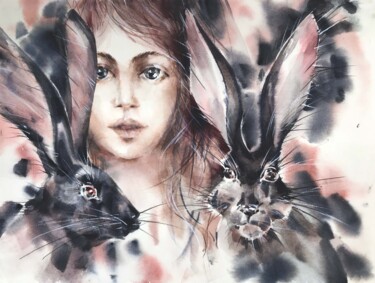Peinture intitulée "Black rabbits" par Galina Poloz, Œuvre d'art originale, Aquarelle