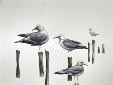 Painting titled "Seagulls" by Galina Poloz, Original Artwork, Watercolor