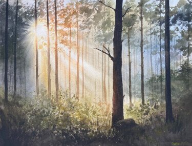 Картина под названием "AUTUMN FOREST 2" - Galina Tishchenko, Подлинное произведение искусства, Акварель