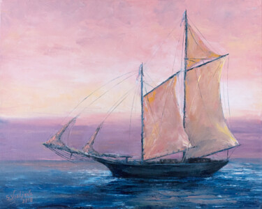 Painting titled "Sunset. Under sail." by Galina Vasiljeva, Original Artwork, Oil