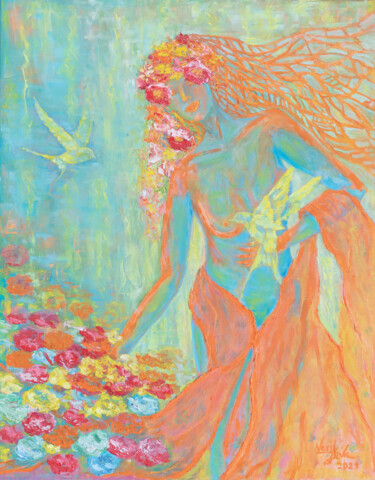 Pittura intitolato "Spring. Girl with f…" da Galina Vasiljeva, Opera d'arte originale, Olio