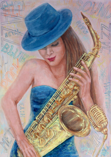 Pintura intitulada "Girl with saxophone." por Galina Vasiljeva, Obras de arte originais, Óleo