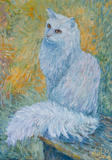 Painting titled "Thoughtful Cat in t…" by Galina Vasiljeva, Original Artwork, Oil