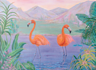 Картина под названием "Flamingo. In the ra…" - Galina Vasiljeva, Подлинное произведение искусства, Акрил