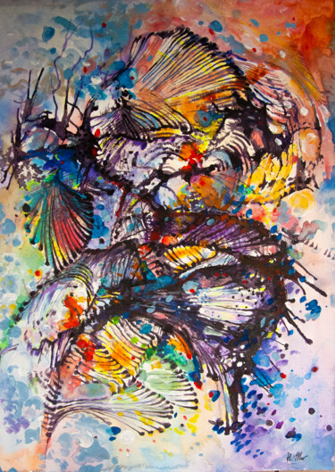 Рисунок под названием ""Imagine dragon"" - Halyna Mur, Подлинное произведение искусства, Акварель Установлен на Деревянная п…