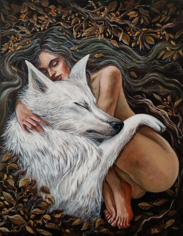 Painting titled ""Mavka and White Wo…" by Halyna Mur, Original Artwork, Acrylic Mounted on Wood Stretcher frame
