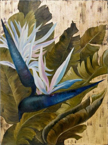 Painting titled "Strelitzia – Bird o…" by Galiya Hami, Original Artwork, Oil Mounted on Wood Stretcher frame