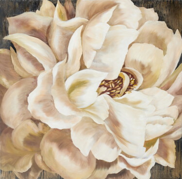 Painting titled "Vanilla peony" by Galiya Hami, Original Artwork, Oil Mounted on Wood Stretcher frame