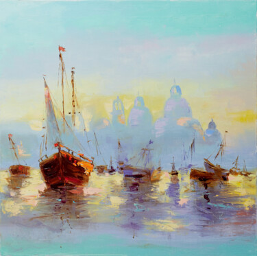 Картина под названием "Ships in my harbor" - Galiya Hami, Подлинное произведение искусства, Масло