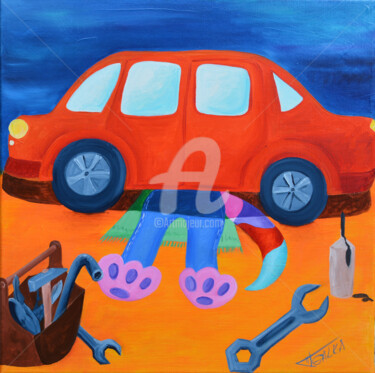 Painting titled "Au garage" by Galka, Original Artwork, Oil Mounted on Wood Stretcher frame