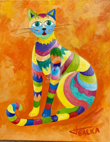 Pintura intitulada "THE CAT" por Galka, Obras de arte originais, Óleo Montado em Armação em madeira