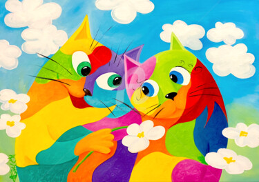 Peinture intitulée "LES NAMOUREUX (chat…" par Galka, Œuvre d'art originale, Huile Monté sur Châssis en bois