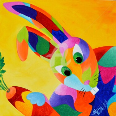 Painting titled "LE NEZ ROSE (lapin…" by Galka, Original Artwork, Oil Mounted on Wood Stretcher frame
