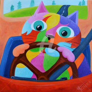 Painting titled "Chat roule" by Galka, Original Artwork, Oil Mounted on Wood Stretcher frame