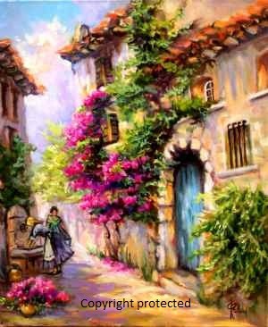 Painting titled "LA RUELLE  AUX BOUG…" by Fragal, Original Artwork, Oil