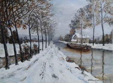 Painting titled "Canal sous la neige" by Jocelyne Gallecier, Original Artwork, Acrylic