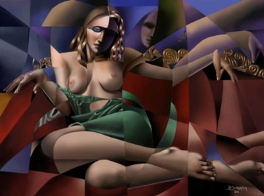 Arte digitale intitolato "Nudo su divano rosso" da Galleria Arte-Vera, Opera d'arte originale, Pittura digitale