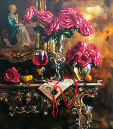 Painting titled "Натюрморт с розами" by Olga Bazanova, Original Artwork, Oil Mounted on Wood Stretcher frame