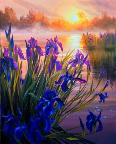 Painting titled ""Irises in the fog"…" by Ольга Базанова, Original Artwork, Oil Mounted on Wood Stretcher frame