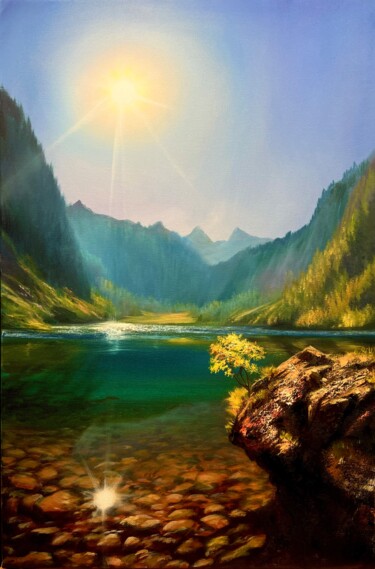 Malerei mit dem Titel "Mountain Lake" von Olga Bazanova, Original-Kunstwerk, Öl
