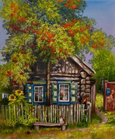 Malerei mit dem Titel "House with rowan" von Olga Bazanova, Original-Kunstwerk, Öl