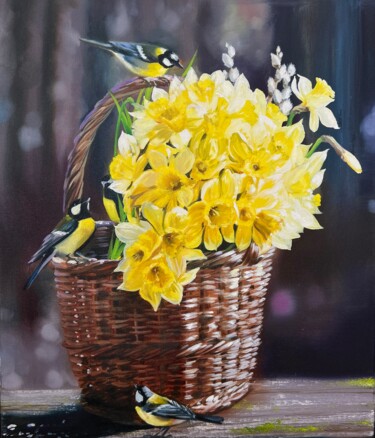 Peinture intitulée "Tits in daffodils" par Olga Bazanova, Œuvre d'art originale, Huile