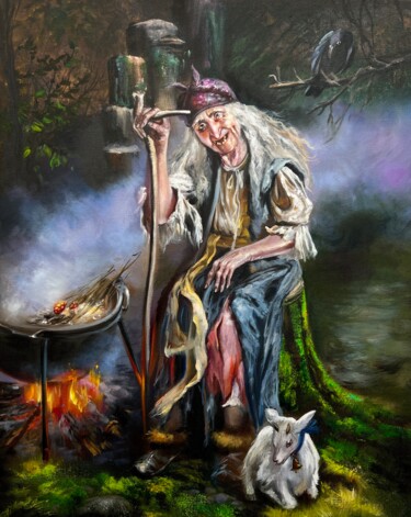 Painting titled "Baba Yaga" by Olga Bazanova, Original Artwork, Oil