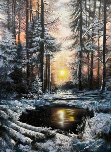 Pintura intitulada "Winter in the forest" por Olga Bazanova, Obras de arte originais, Óleo