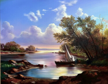Peinture intitulée "Landscape with boats" par Olga Bazanova, Œuvre d'art originale, Huile